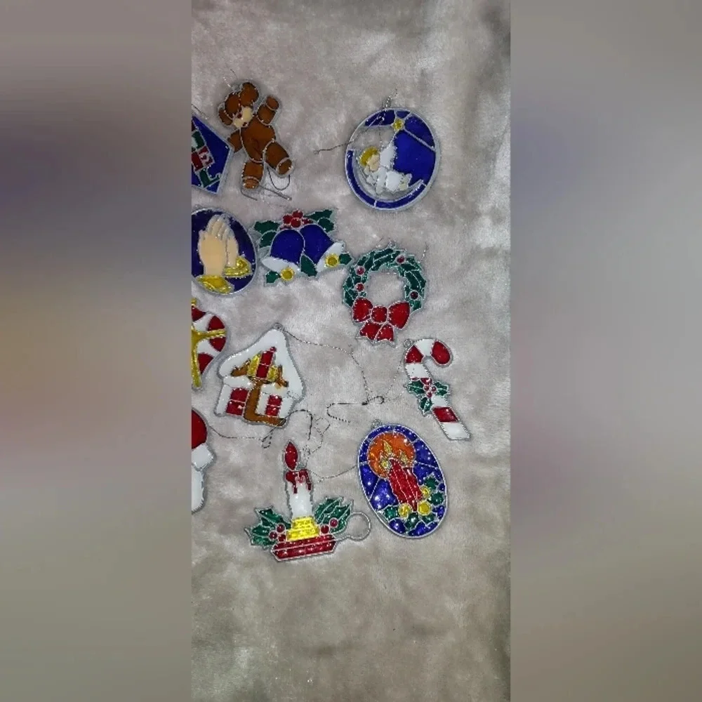 Lot of Vintage Leaded Stained Glass Look Christmas Sun Catcher Ornaments